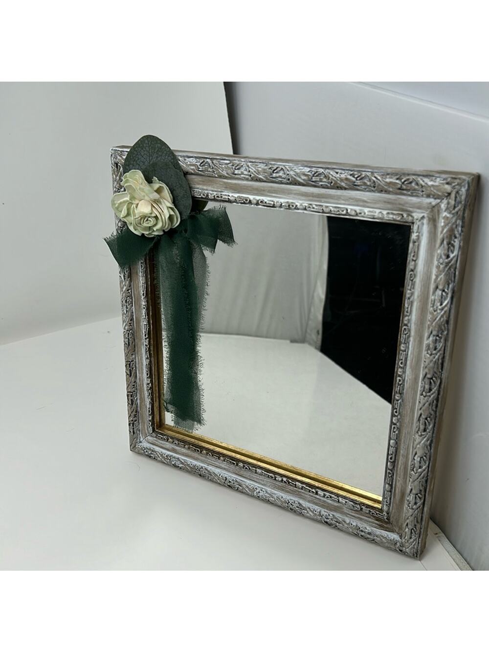 Hand Painted & Distressed Mirror Paper Rose & Green Chiffon Bow